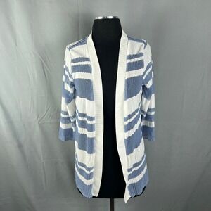 Parami Design Cardigan Womens Medium White Blue Striped Textured Knit Open Front